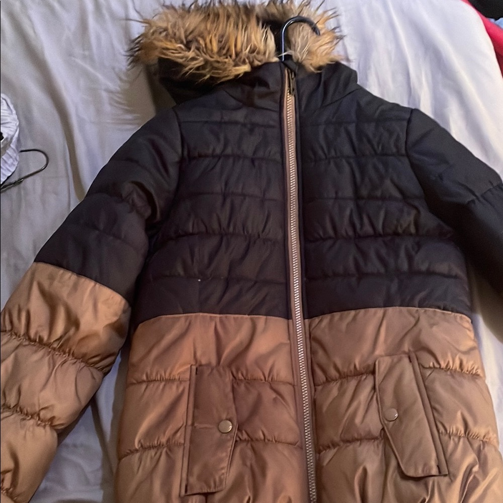 Black and Brown Puffer Jacket with Faux Fur Hood